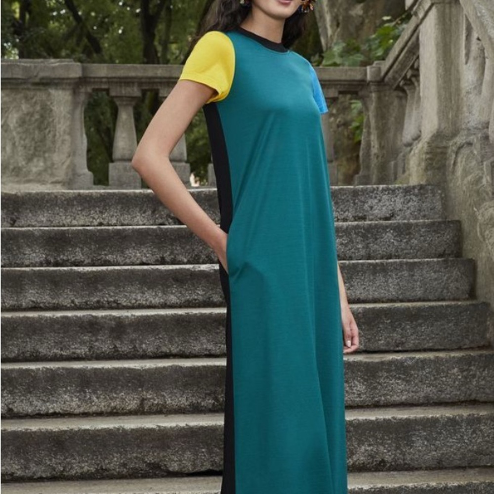 La DoubleJ Sporty Swing Dress Color Block Green in Cotton Jersey size L - NWT
